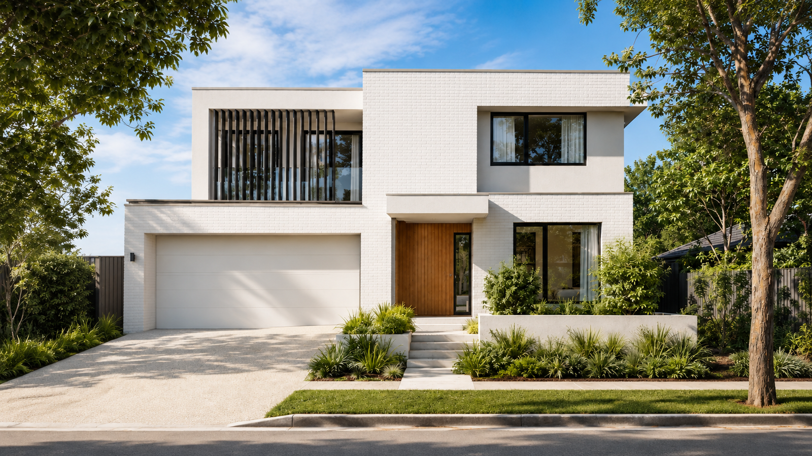 Modern two-storey PrimeSpaces home with white brickwork, timber entry and established landscaping