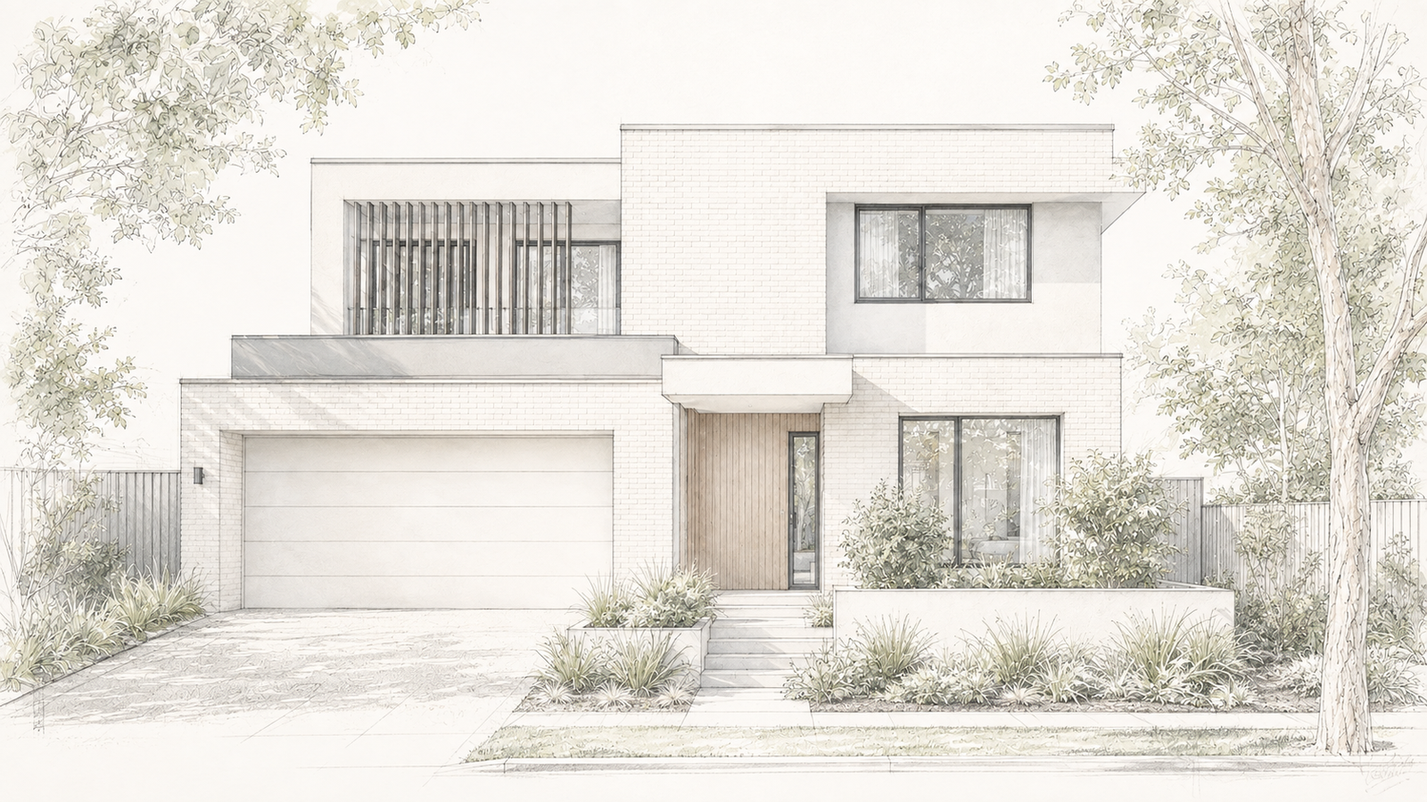 Architectural sketch of a modern double-storey Victorian home